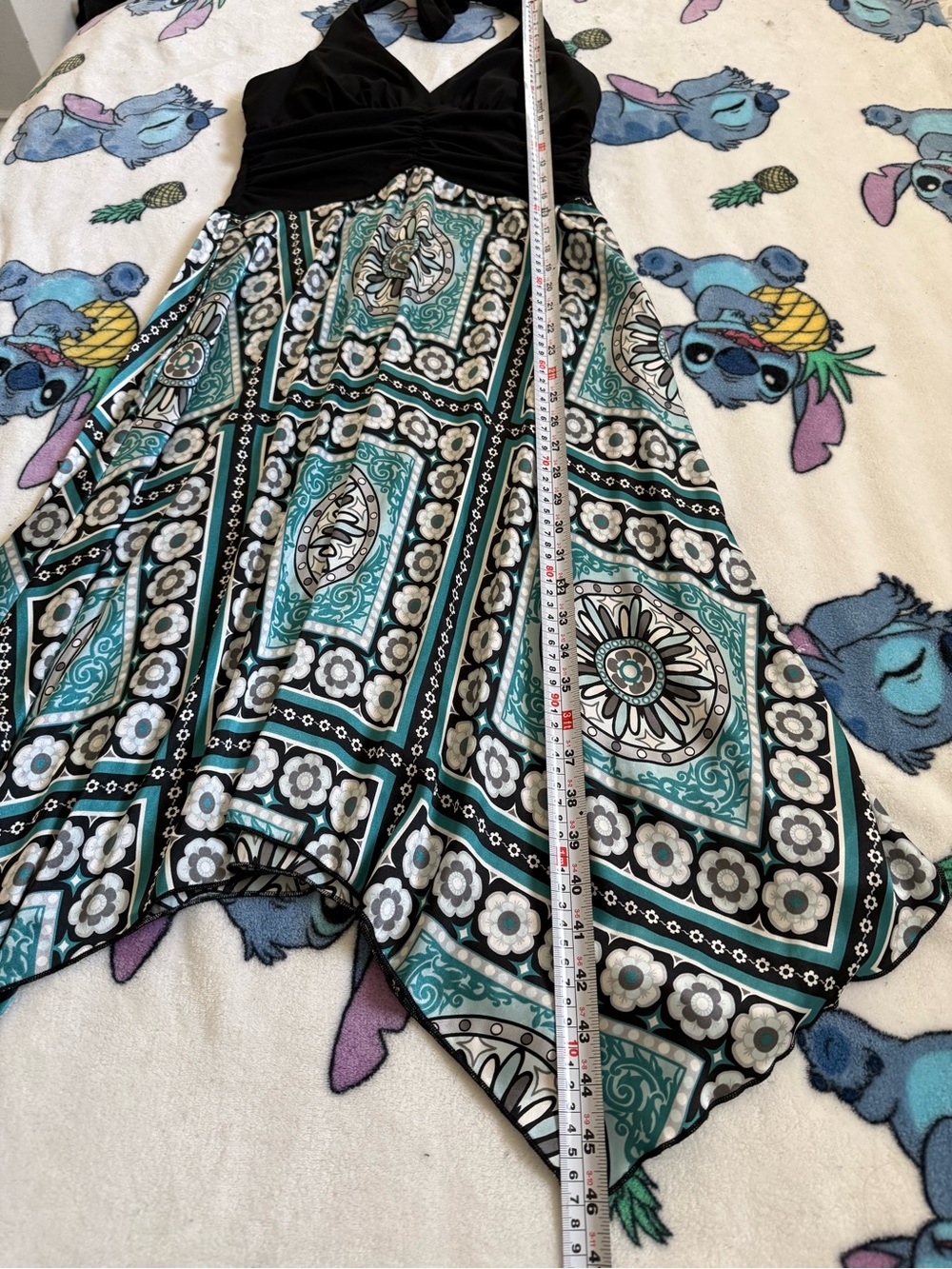 Dressbarn Size 6 Y2K Boho Halter Dress Teal Medallion Handkerchief Hem Ruched - Picture 13 of 13